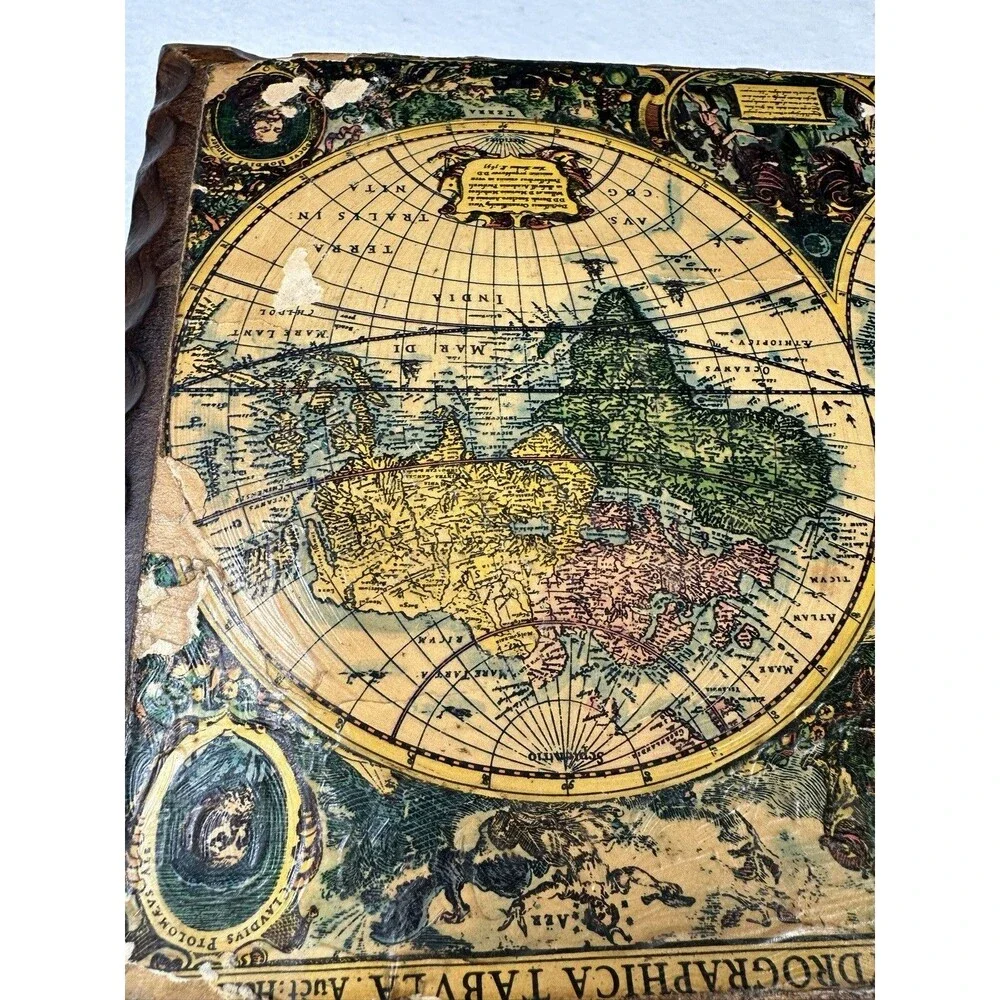 Vintage Wooden Trinket‎ Box World Map Decorative Lid Hinged Jewelry Organizer